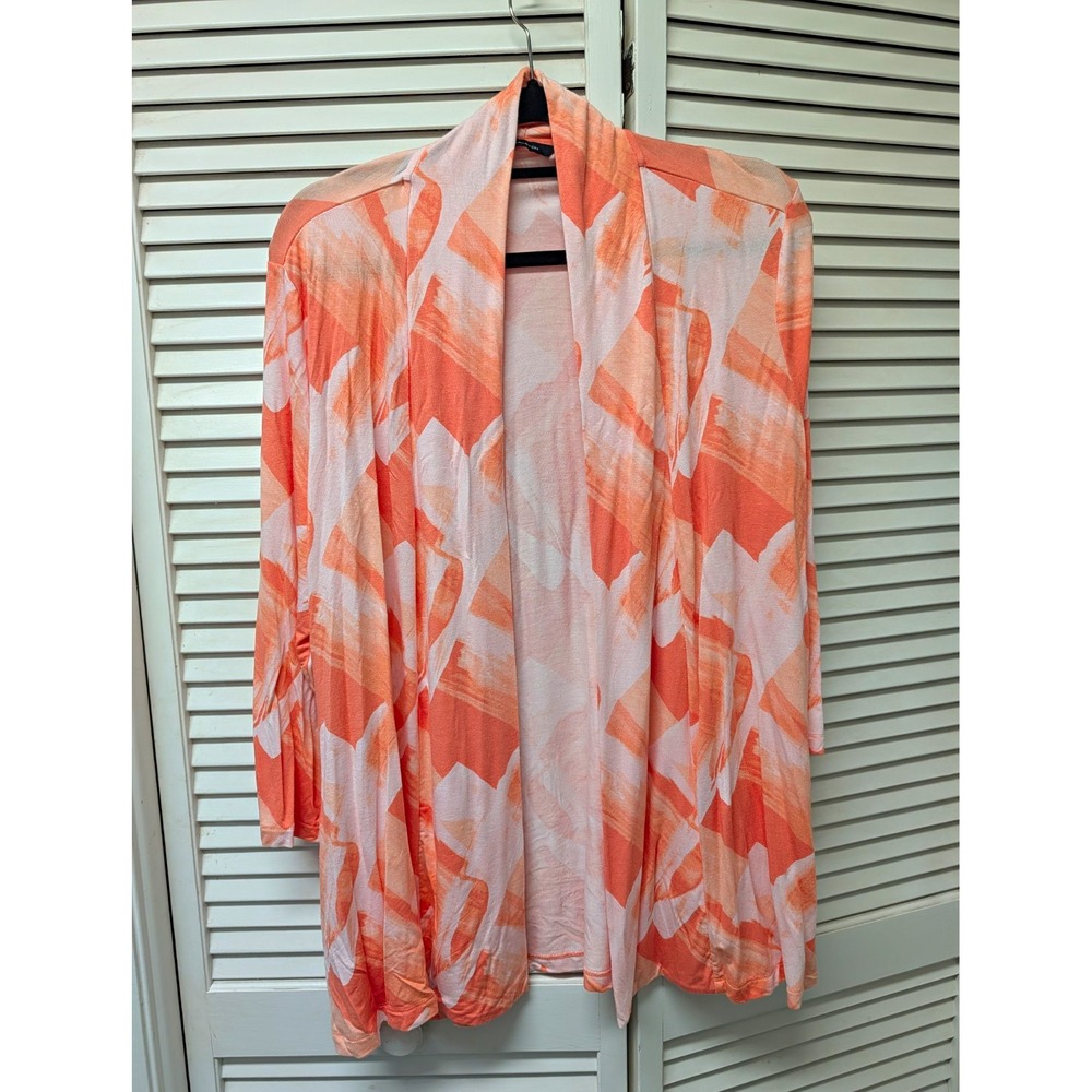 H by Halston Womens Cardigan Orange/White Abstract Open Front 3/4 Sleeve SZLG